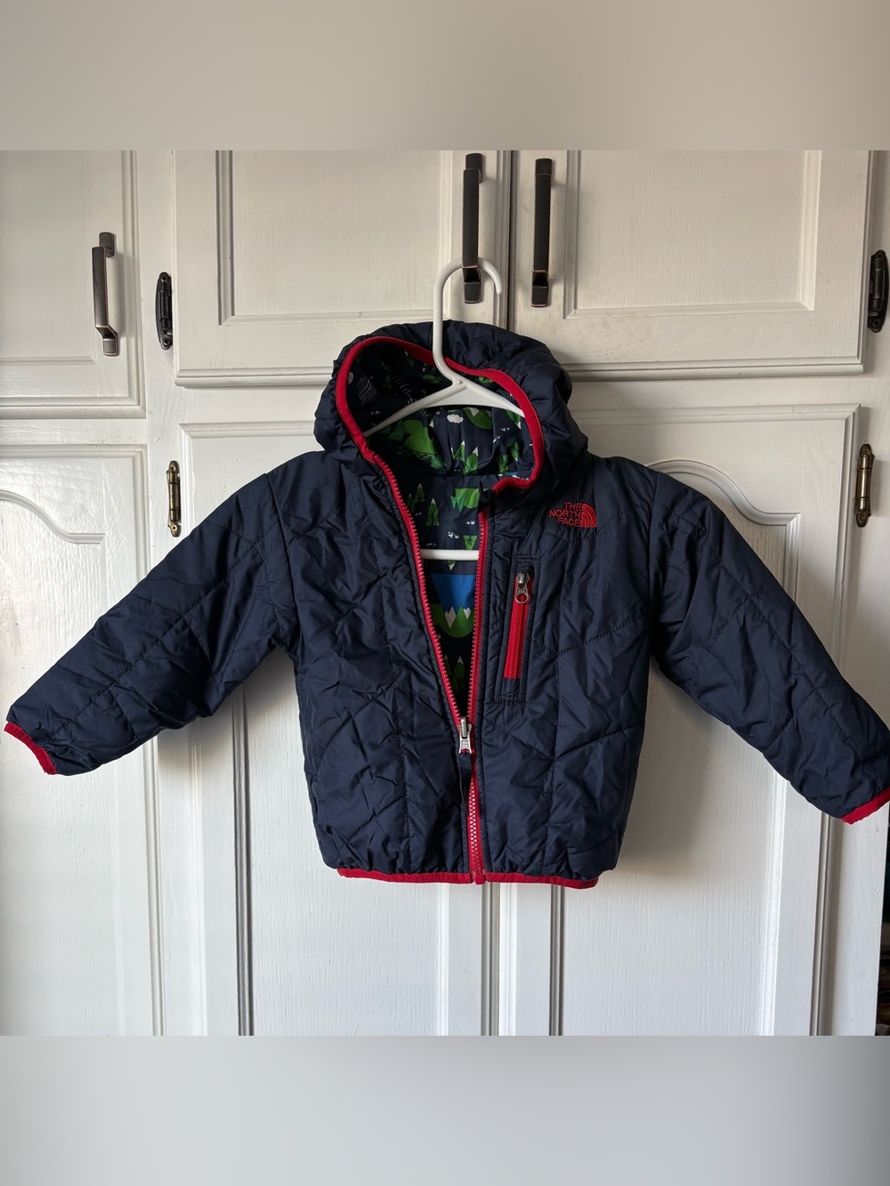 The North Face Kids Navy Hooded Puffer Jacket with Red Accents reversible